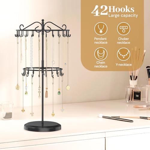 MODOWEY Rotating Necklace Holder Organizer Display Stand with 42 Hooks, 2 Tier Adjustable Metal Tree for Long Necklace Hanger Selling, Tall Spinning Bracelet Storage Rack for Men Women, Black - color: Glossy Black, size: 2 Tier