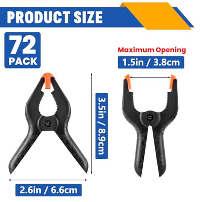 72 Pack 3.5 inch Plastic Spring Clamps, Black Heavy Duty Clips, Backdrop Clips, Plastic Clamps for Crafts, Backdrop Stand, Woodworking, Photography - size: 3.5in-72P