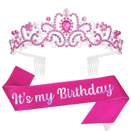 YISSION Hot Pink Birthday Tiara and Sash Set, Silver-Plated Pink Rhinestone Crown with Combs & Glitter "It's my Birthday" Sash for Women, Birthday Party Decorations, Photo Props & Milestone Celebration Gifts - color: Hot Pink