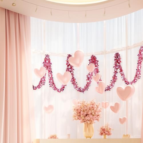 Valentines Garland Decor,50Ft Glitter Tinsel Heart Garland Decorations for Tree Mantle Bedroom Office Classroom Party Indoor Outdoor Holiday Home Pink Red White - color: Red