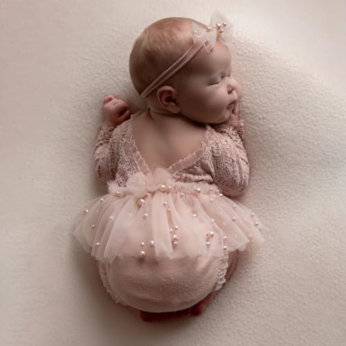 Newborn Lace Romper, 2 PCS Baby Girl Photography Props, Newborn Girl Photography Outfits with Flower Headband for Infants - color: Pink Long Sleeve
