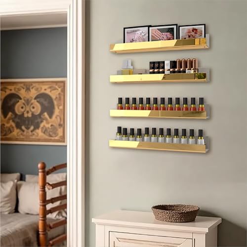 4 Pack 15 Inch Gold Reflective Acrylic Shelves, Gold Foating Shelves, Modern Sunglasses Essential Oil Picture Ledge Display Toy Storage Shelf - color: 15in-gold Mirror