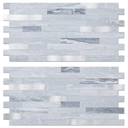 AULIGET Faux Stone Peel and Stick Backsplash, Light Grey Marble Look PVC Mixed Metal Wall Tiles Stick on Backsplash - color: Light Grey + Metal Silver, size: 2 Sheets, 6"x12"x0.12"
