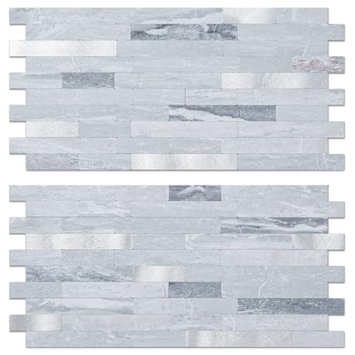 AULIGET Faux Stone Peel and Stick Backsplash, Light Grey Marble Look PVC Mixed Metal Wall Tiles Stick on Backsplash - color: Light Grey + Metal Silver, size: 2 Sheets, 6"x12"x0.12"