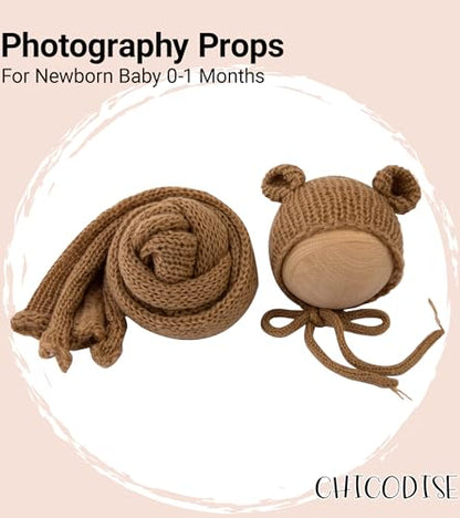 Baby Photography Props Infant Boy Girl Outfits - Crochet Knit Mohair Wrap Blanket & Bear Hat for Newborn Photo Shoots (Khaki) - color: Khaki
