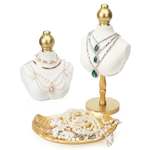 Starry 2Pcs Velvet Necklace Display Stand and 1Pcs leaf-shaped tray Vintage Jewelry Necklace Bust Holder Elegant White Jewelry Mannequin Display Decor for Women Home Selling Trade Shows