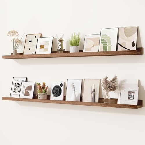 Heimlove Picture Ledge Shelf,48 inch Long Floating Shelves for Wall Set of 2,Picture Shelf with Lip for Wall Decor,Living Room,Bedroom,Bookshelf,Nursery,Perfume,Walnut Color - color: Walnut, size: 48'', Set of 2