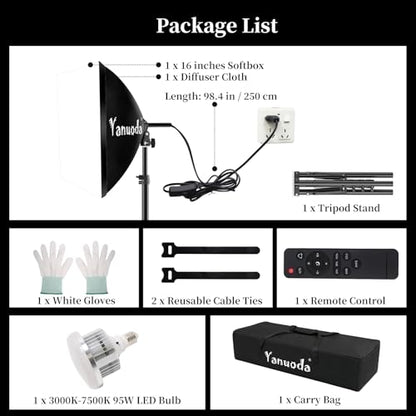 Professional 16''x16'' Softbox Lighting Kit - Studio Light Photography with Remote, Adjustable Brightness & 3 Colour Temperatures - Portable Studio Light for YouTube, Product Photography - size: 16"x16" 1pk