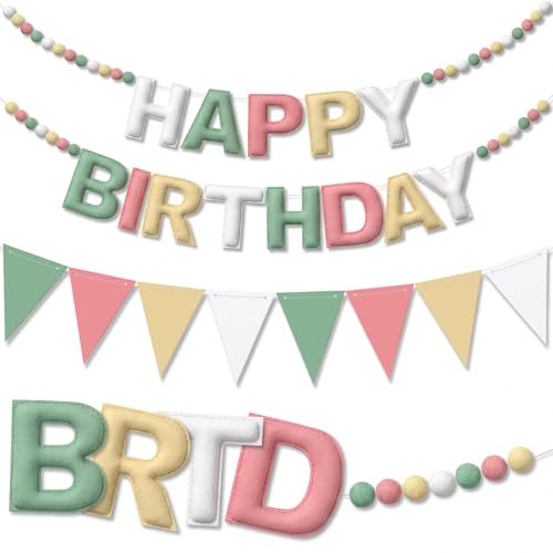 Oudain 2 Pack Pre-strung Felt Happy Birthday Banner Party Decorations Reusable Morandi Boho 3D Pom Pom Ball Birthday Garland with Triangle Pennant Flags for Home Wall Bday Photo Backdrop(Retro) - color: Retro