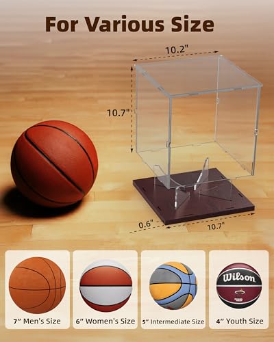 Fitense Basketball Display Case Acrylic Clear, UV Protected Basketball Stand Box Full Size with Solid Wood Base, Soccer Display for Autographed Standard NBA WNBA Ball Memorabilia Keepsake, Ideal Gift