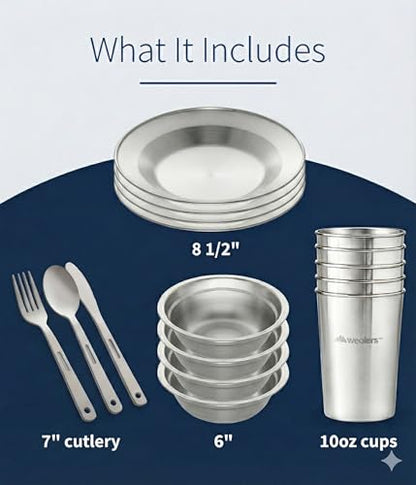 Wealers Unique Complete Messware Kit Polished Stainless Steel Dishes Set| Tableware| Dinnerware| Camping| Buffet| Includes - Cups | Plates| Bowls| Cutlery| Comes in Mesh Bags (4 Person Set) - color: Black