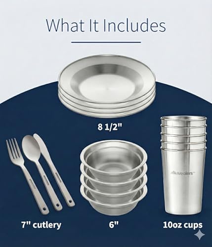 Wealers Unique Complete Messware Kit Polished Stainless Steel Dishes Set| Tableware| Dinnerware| Camping| Buffet| Includes - Cups | Plates| Bowls| Cutlery| Comes in Mesh Bags (4 Person Set) - color: Green