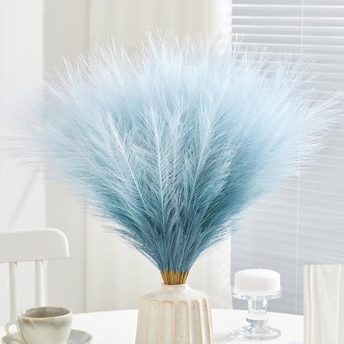 50pcs Faux Pampas Grass,17.7" Artificial Fluffy Pampas Grass Decor Short Fake Pompos for Home Room Birthday Party Centerpieces Decoration(Gridient Blue) - color: Blue