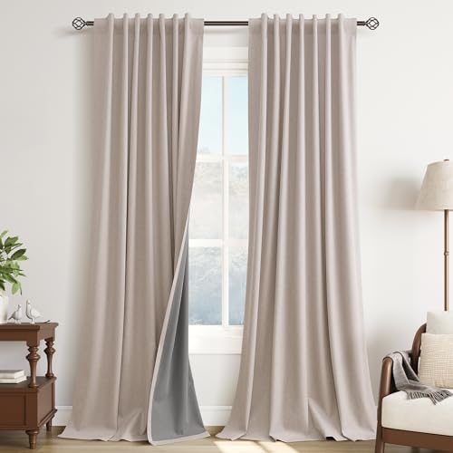 Guken Champagne Linen 100% Blackout Curtains 90 Inch Length for Bedroom 2 Panels Set Hook Belt Back Tab Modern Light Blocking Black Out Thermal Insulated Room Divider Privacy Drapes Dining Room 52x90 - color: Champagne, size: 52"W x 90"L (Pack of 2)