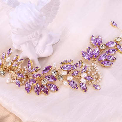 Adjustable Flower Crown Headband for Women - Floral Garland Hair Wreath with Crystal Accents Perfect for Weddings Flower Wands Photo Props (Purple Beaded CZ, Adjustable) - color: Purple Beaded CZ