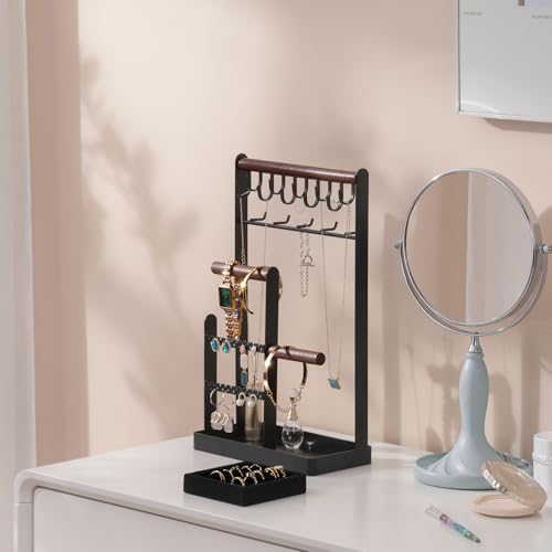 ProCase Jewelry Organizer Jewelry Stand Jewelry Holder Organizer, 5-Tier Necklace Organizer with Ring Tray, Large Aesthetic Jewelry Tower Storage Rack Tree for Bracelets Earrings Rings -Large, Black - color: Black, size: 13.4" Height