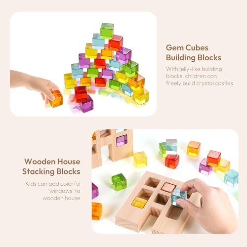 Woodtoe Wooden Building Blocks Set for Kids, 24 PCS Rainbow Gem Cubes Stacking Blocks - 2 Wood House, Montessori Stacking Toy for Toddlers, Educational STEM Sensory Birthday Toy for Boys Girls 3-6 - style: 24 PCS Rainbow Blocks Set