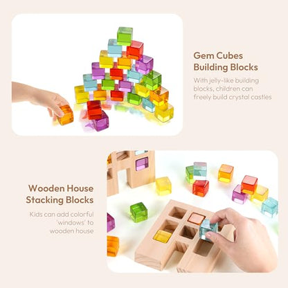 Woodtoe Wooden Building Blocks Set for Kids, 24 PCS Rainbow Gem Cubes Stacking Blocks - 2 Wood House, Montessori Stacking Toy for Toddlers, Educational STEM Sensory Birthday Toy for Boys Girls 3-6 - style: 24 PCS Rainbow Blocks Set