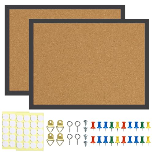 2 Pcs Cork Board, 17.7''x13.3'' Bulletin Board, Black Framed Corkboards for Wall, Small Cork Board, Vision Board Supplies, Prayer Board, Picture Board for Photos, Office, Home Decor, School - color: Black and Wood