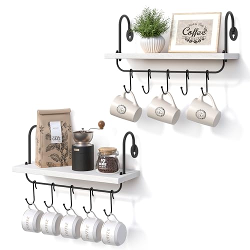 Olakee Floating Wall Shelves for Kitchen Bathroom Coffee Nook with 10 Adjustable Hooks for Mugs Cooking Utensils or Towel Rustic Storage Shelves Set of 2/17x5.9 inch (White) - color: White