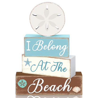 GlikCeil 4 Pcs Summer Sand Dollars Wooden Table Decorations Centerpieces Blocks Sand Dollars Summer Beach Tiered Tray Table Top Sign Decor for Office Dining Room Mantle Home Wood Party Supplies - style: Beach