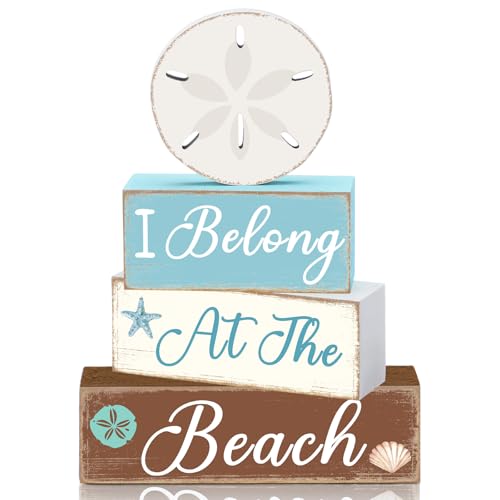 GlikCeil 4 Pcs Summer Sand Dollars Wooden Table Decorations Centerpieces Blocks Sand Dollars Summer Beach Tiered Tray Table Top Sign Decor for Office Dining Room Mantle Home Wood Party Supplies - style: Beach