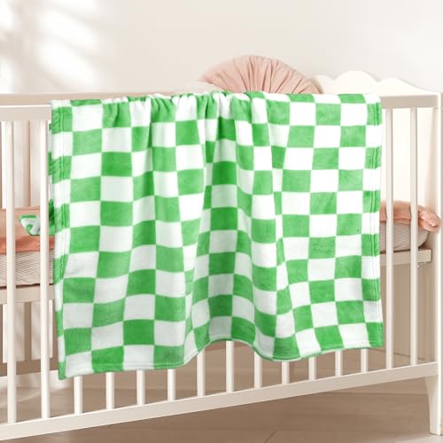 GreatBba Plush Checkered Baby Blanket for Boys Girls Nursery, 30"*40" Warm Short Fleece Blanket Neutral for Infant Newborn, Small Fuzzy for Sleeping, Chenille or Stroller (Green&White) - color: Green&white