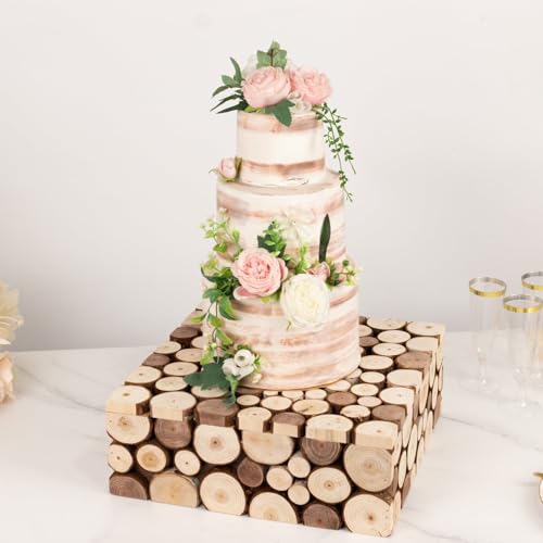 Efavormart 14x14 inch Natural Wooden Slices Square Dessert Stand, Compact Rustic Farmhouse Pedestal Riser with Hollow Bottom for Intimate Celebrations - size: 14"