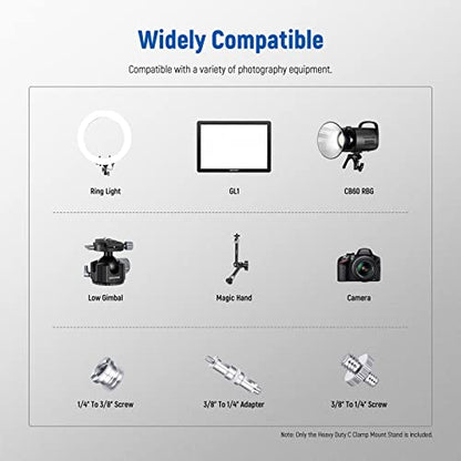 NEEWER Heavy Duty C Clamp with Mounting Column for Light Stand, Adjustable Metal Desk Clamp with 1/4" 3/8" Screws for Ring Light LED Video Light Camera, Max Load 44lb/20kg, ST-CCD1