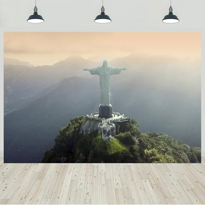 10x8ft Christ The Redeemer Backdrop Famous Place in Rio de Janeiro Brazil Historical Architecture Photography Background Holiday Vacation Travel Party Decorations Photo Studio Props - size: 10x8ft