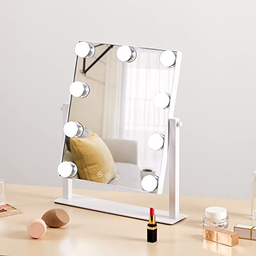 HIEEY Hollywood Vanity Mirror with Lights, Makeup 9 Dimmable Bulbs Three Color Lighting Modes, and 5X Magnification Mirror, Smart Touch Control, 360°Rotation (White) - style: 14.1"L x 11.4"W (9 Bulbs)