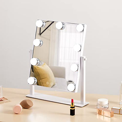 HIEEY Hollywood Vanity Mirror with Lights, Makeup 9 Dimmable Bulbs Three Color Lighting Modes, and 5X Magnification Mirror, Smart Touch Control, 360°Rotation (White) - style: 14.1"L x 11.4"W (9 Bulbs)