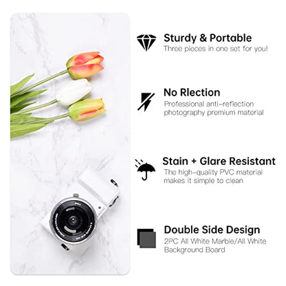 BEIYANG 2 Marble 24x24 Inch Photography Backdrop Boards with 2 PCS Bracket for Flat Lay or Food Photography Background Marble and White Backdrop Photo Table Backdrop - color: Marble