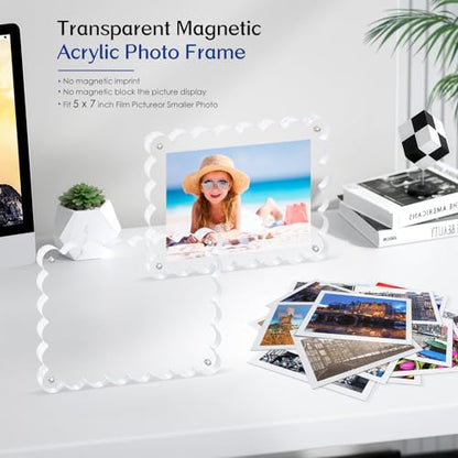 6Pack Acrylic Magnetic Photo Frame 5x7 Inch - Sleek Scalloped Design, 10+10mm Thick Crystal Clear Block, Freestanding Double-Sided Magnet |Trendy Home Gift (6 Pack, 5X7) - color: 6 Pack, size: 5X7