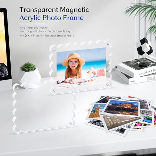 2Pack Acrylic Magnetic Photo Frame 5x7 Inch - Sleek Scalloped Design, 10+10mm Thick Crystal Clear Block, Freestanding Double-Sided Magnet |Trendy Home Gift (2 Pack, 5X7) - color: 2 Pack, size: 5x7