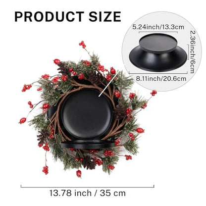 MOYEE Candle Holder Centerpieces for Tables,Candle Ring,Wreaths, Black Metal Candle Stick Paired Artificial Flowers 14 in Versatile Dining Table Centrepiece - color: Pine Needle and Red Pine Cone Wreath
