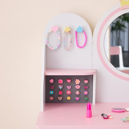 Kids Vanity Set with Jewelry Organizer for Princess, Girls Vanity Table and Chair Set with Drawers & Necklace Hooks, Toddler Makeup Dressing Table with Open Shelves, White