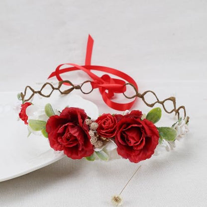 Flower Girl Flower Crown Pink Baby Girls Floral Headpieces Kids Headband Children Hair Wreath Photo Prop (Dark Red-Child Size) - color: Dark Red