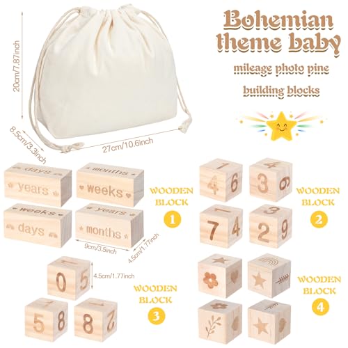 Wonderjune Boho Baby Monthly Milestone Blocks Set of 4 Wooden Baby Age Milestone Signs with Drawstring Bag Months Weeks Years Days Blocks for Newborn Photo Props Keepsake