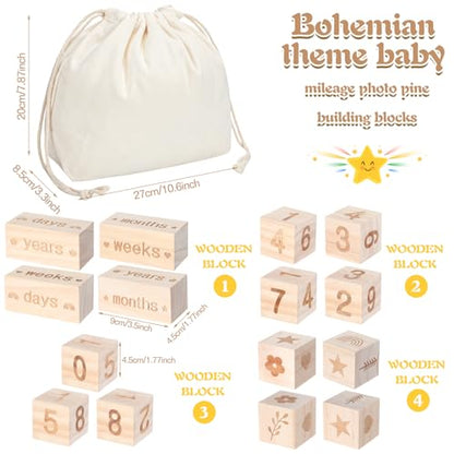 Wonderjune Boho Baby Monthly Milestone Blocks Set of 4 Wooden Baby Age Milestone Signs with Drawstring Bag Months Weeks Years Days Blocks for Newborn Photo Props Keepsake