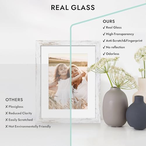 Hongkee 8x11 Picture Frame with Glass, Display Pictures 6x9 with Mat or 8 x 11 without Mat - Wall and Tabletop, 8 by 11 Photo Wooden Frames (Distressed White, 1 Pack) - color: Distressed White, size: 8X11 in