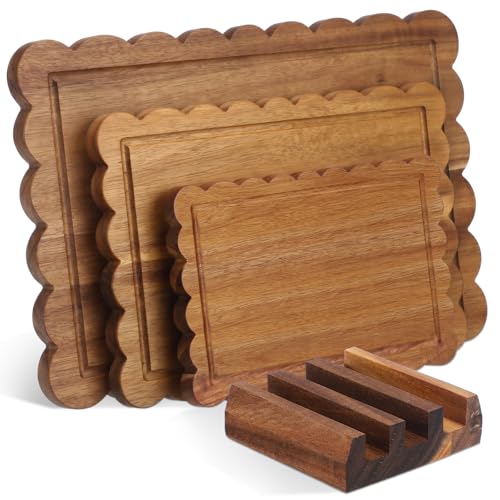 3 Pcs Acacia Wood Scalloped Cutting Boards Set with Holder, Charcuterie Board for Cheese Meat Appetizers Grazing Platter, Cottagecore Kitchen Decors, Blank for Engraving, Housewarming Gift