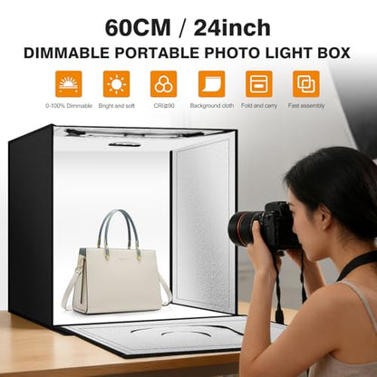 Light Box Photography 24"x24" with 120LED Lights and 4 Color Backdrops Photo Box with Lights, Foldable Light Box with Adjustable Brightness, 6000-6500K Dimmable Portable Picture Box Shooting - size: 24" with 6000-6500K