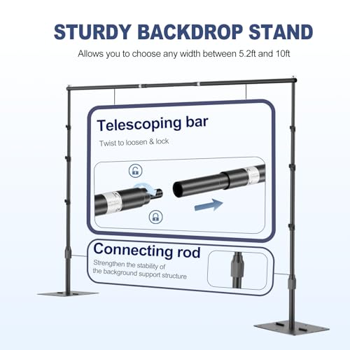 EMART Backdrop Stand,10x8.5ft(WxH) Adjustable Photo Background Stand with Upgrade Rod,Heavy Duty Flat Base,Metal Pipe and Drape Frame for Wedding,Birthday Party,Decorations,Photography Studio - size: 10x8.5ft