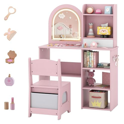 Costzon Kids Vanity with Lights, Girls Vanity Set with Mirror, Storage Drawer, Hooks & Shelves, Toddler Makeup Vanity Desk Dressing Table, Wooden Kids Vanity Table and Chair Set (Pink) - style: Pink with Open Shelves