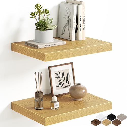 Floating Shelves for Wall, 16'' W x 12'' D Wall Mounted Rustic Wood Shelves for Bathroom, Bedroom, Living Room, Kitchen, Hanging Shelf for Storage/Room Decor with Heavy Duty Brackets, Oak, 2 Pack - color: Oak, size: 16 Inch, Set of 2