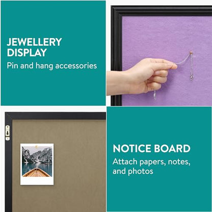 Navaris Framed Fabric Bulletin Board - 18 x 24 inches Plush Jewelry Organizer Pinboard for Wall - Memory Memo Pin Board - Purple with Black Frame - color: Black / Purple