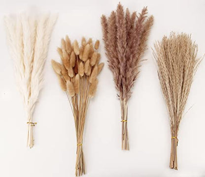 Dried Pampas Grass Decor, 100 Stems Pampas Grass Contains Bunny Tails Dried Flowers, Reed Grass Bouquet for Wedding Boho Flowers Home Table Decor, Rustic Farmhouse Party (17", White and Brown) - size: 100pcs