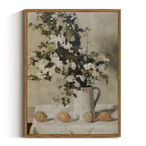 VIYYIEA Vintage Wall Art Kitchen Decor, Flowers and Lemons Pictures Painting Botanical Art, 12x16 in,Framed Canvas Prints Artwork, Earthy Farmhouse Decor for Dining Room Bathroom - color: Flowers and Lemons, size: 16"L x 12"W