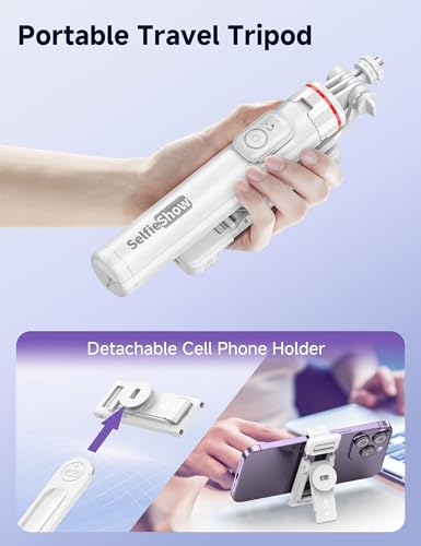 Selfie Stick Tripod with 2 Light, 3 Light Modes & 6 Brightness Levels Extendable Phone Tripod with Detachable Remote & Phone Holder, Portable Camera Tripod Compatible with iphone16 15 14 13/Android - color: White